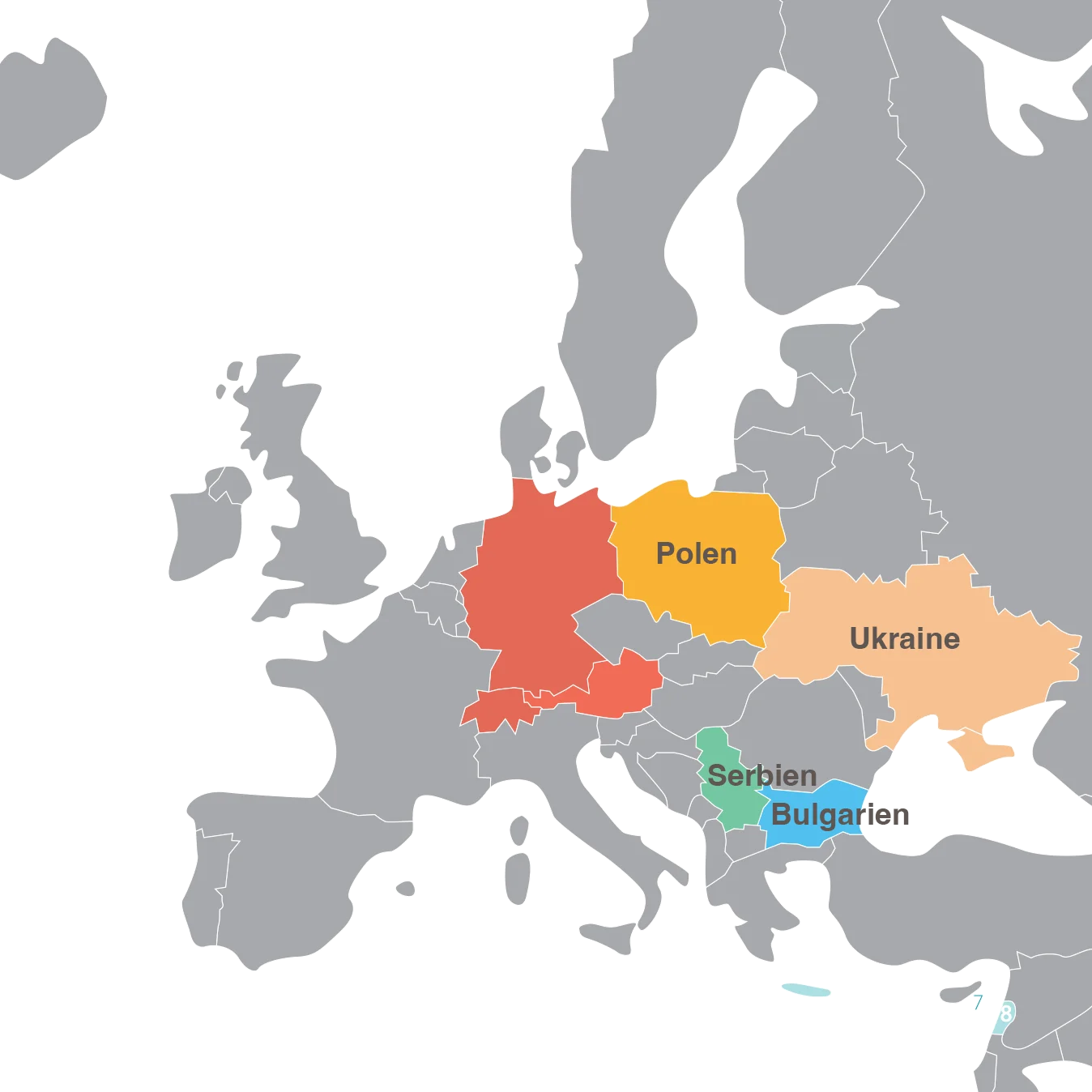 Europakarte Polen, Ukraine, Serbien und Bulgarien sind markiert